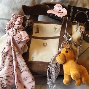 Madden Girl Mini Canvas Tote with Pink Bandana Scrunchy and Plush Horse Charm EL